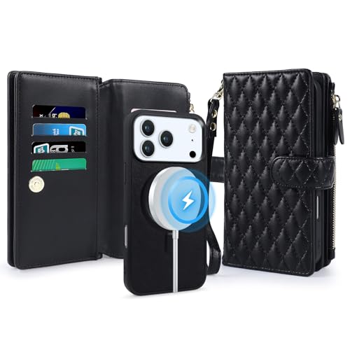 for iPhone 17 Pro Max Case Wallet,Compatible with MagSafe 2 in 1 Magnetic Detachable PU Leather RFID Blocking Wallet Cover Card Holder Zipper Wrist Strap Lanyard,Quilted Black - color: Quilted Black, size: iPhone 17 Pro Max