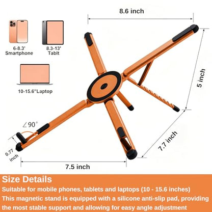 Magnetic Phone Holder & Foldable Laptop Riser, Matte Black Aluminum Multi‑Device Desk Mount, N52 MagSafe Stand, Ergonomic Laptop Elevator for MacBook iPad iPhone Travel Office - color: Orange