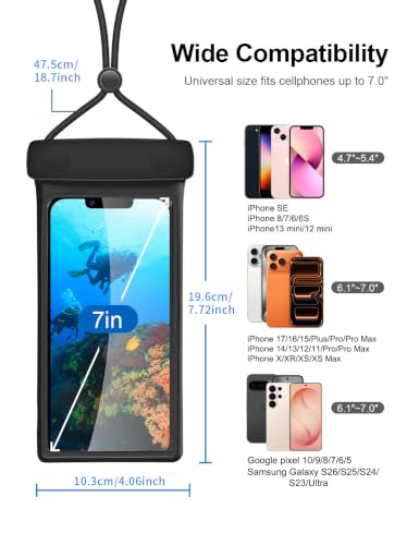 wellhouse 3D Waterproof Phone Pouch with Lanyard,Premium TPU100FT Deep Waterproof Phone Case for iPhone 17 16 15 14 13 12 Pro Max XS Samsung,Snorkeling, Surfing, Kayaking,Skiing,Hot Springs - color: 1 Pack - Duke Black7.0"
