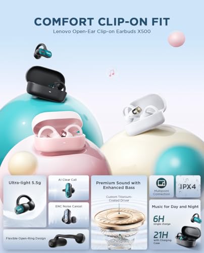 Lenovo Open Ear Clip On Earbuds X500 Bluetooth 6.0 Wireless Earbuds with 11 mm Drivers, Open Ear Ergonomic Design, Dual Device Connectivity, Built in Mic, Fast Charge, Pink - color: Pink