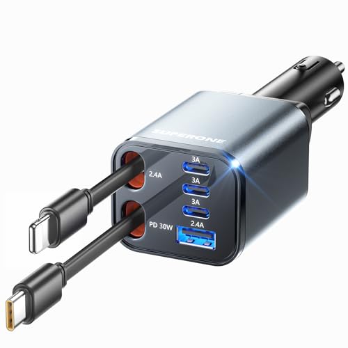 SUPERONE Retractable Car Charger, [Ultra-Compact] 6-Port Car Charger USB C - color: GRAY