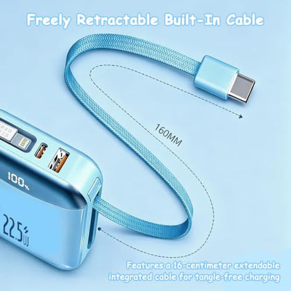 10000mAh Portable Charger with Built-in USB-C & Light-ning Cables, 22.5W Fast Charging Power Bank, Travel Battery Pack with LED Display for iPhone Samsung Android – Flight Approved - color: Cyan