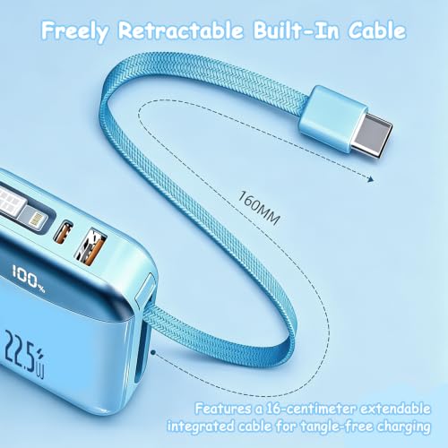 10000mAh Portable Charger with Built-in USB-C & Light-ning Cables, 22.5W Fast Charging Power Bank, Travel Battery Pack with LED Display for iPhone Samsung Android – Flight Approved - color: Cyan