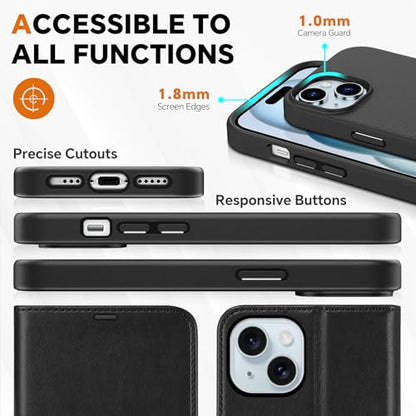 TUCCH 2-in-1 Detachable Wallet Case for iPhone 15 (6.1") 2023, Black | 4 Card Holders, RFID Blocking, Wireless Charging, Kickstand, Shockproof TPU, PU Leather, Magnetic, Folio Cover - color: Black (2-in-1 Detachable)