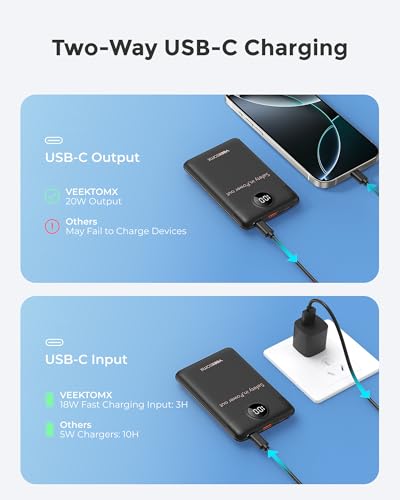 VEEKTOMX 10000mAh Mini Power Bank, 22.5W Fast Charger for iPhone Android - color: Black