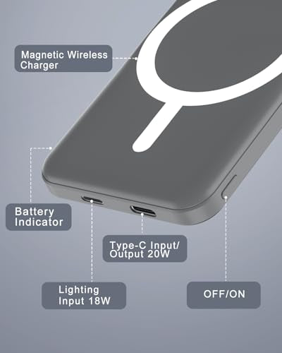 podoru for MagSafe Power Bank 5000mAh, Ultra-Slim Magnetic Portable Charger - color: Gray
