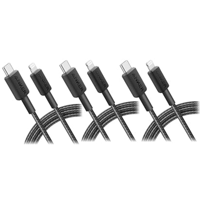 Anker 322 USB-C to Lightning Cable Braided MFi Certified iPhone Charger Cord for iPhone 15, 14, 13, 12, 11, iPad, AirPods – Durable Fast Charging Data Sync Cable Long Length – Black, 6ft, Pack of 3