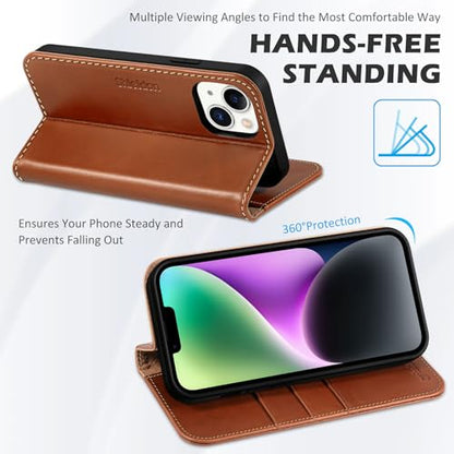 SHIELDON Genuine Leather Flip Wallet Case for iPhone 14 6.1", Retro Brown | Magnetic Closure, RFID Blocking, Credit Card Holder, Kickstand, Flip Design, Shockproof Protective Cover - color: Blown - Retro