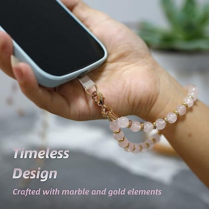 Marble Beaded Phone Wrist Strap for Women, Detachable Design - color: Pink-2