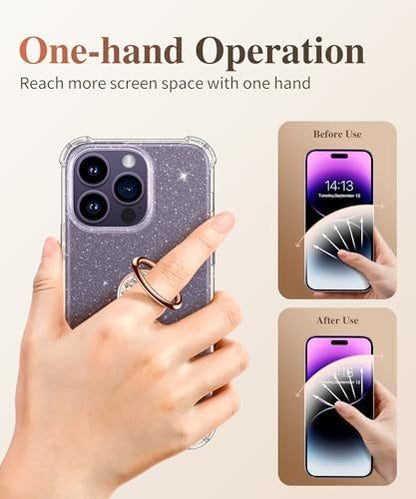 GVIEWIN Gritter Cell Phone Ring Holder, Metal Kickstand Grip 360° Rotation - color: PinkGold Glitter
