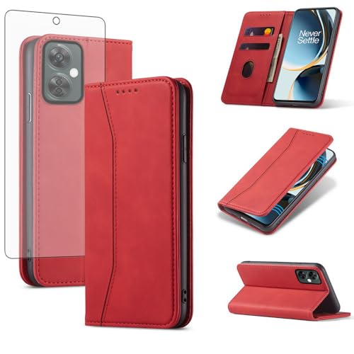 Asuwish Flip Wallet Phone Case for OnePlus Nord N30 5G/CE 3 Lite with Tempered Glass Screen Protector Magnetic Closure Folio Cover Credit Card Holder Slot Stand Oppo K11x/One Plus 1 1+ N 30/CE3 Red - color: Red