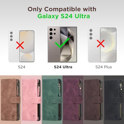 for Samsung Galaxy S24-Ultra-Wallet Case: with RFID Blocking Card Slots (6 Cards) | Soft PU Leather Magnetic Snap Zipper Pocket | Crossbody Wrist Strap Protective Phone Cover - Coffee - color: Coffee, size: Galaxy S24 Ultra（6.8‘’）