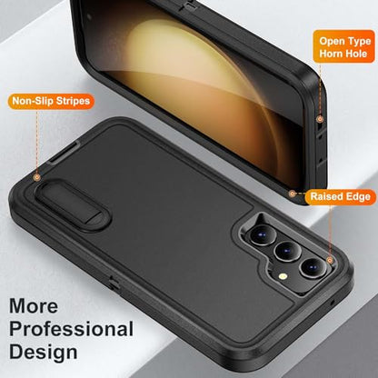 for Samsung Galaxy S23 FE Case with Kickstand Case 3-Layer Military Grade Protective Case Cover Silicone Heavy Duty Rugged Shockproof for Galaxy S23 FE Phone Case (Black+Black) - color: Black+Black
