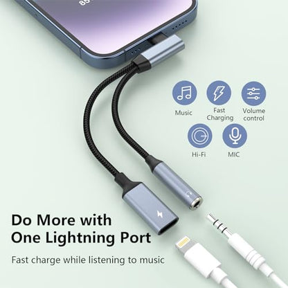 Right Angle 2-in-1 Lightning to 3.5mm Audio Aux Jack Headphone + Charge Cable Adapter iPhone,90 Degree Earphone Converter Splitter for Music+Charge+HiFi with iPhone 14 13 12 11【Apple MFi Certified】