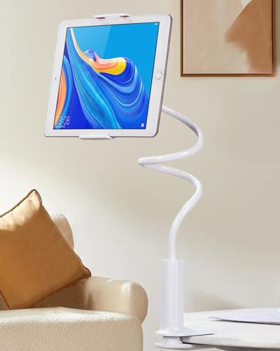 3.2 Ft Cell Phone Clip Bed Stand Holder, with Grip Flexible Long Arm Gooseneck Bracket Mount Clamp for Desk, Compatible with iPhone or Other 3.5-7" Devices (White) - color: White