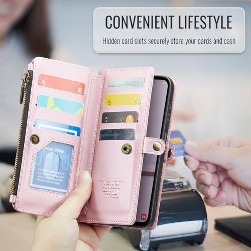 Asuwish Phone Case for Samsung Galaxy A17 5G Zipper Wallet Cover with Tempered Glass Screen Protector and Flip RFID Blocking Credit Card Holder Stand Cell Accessories A 17 17A 4G Women Girls Rose Gold - color: Rose Gold