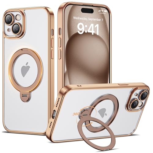 Compatible with iPhone 15 Case with 360° Spin Magnetic Ring Stand [Compatible with Mag-Safe] Full Camera Lens Protector Plating Clear Phone Case for iPhone 15 6.1", Desert Gold - color: Desert Gold, size: Iphone 15