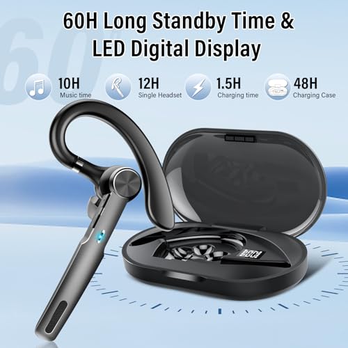 Bluetooth Headset, 2026 Wireless Bluetooth 5.3 Earpiece, 60 Hours Single-Ear Headset with Mute Button, Dual Noise Cancelling Mics, IP7 Waterproof Hands Free Headphone for Trucker, Business, Black