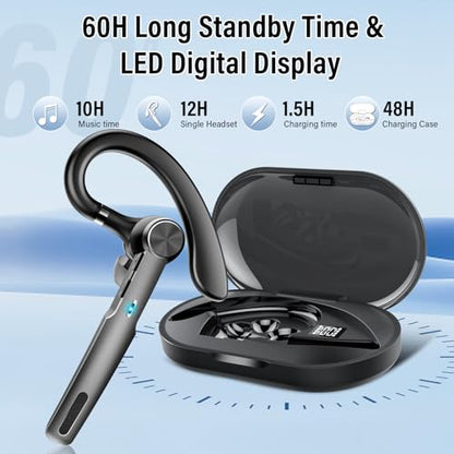 Bluetooth Headset, 2026 Wireless Bluetooth 5.3 Earpiece, 60 Hours Single-Ear Headset with Mute Button, Dual Noise Cancelling Mics, IP7 Waterproof Hands Free Headphone for Trucker, Business, Black