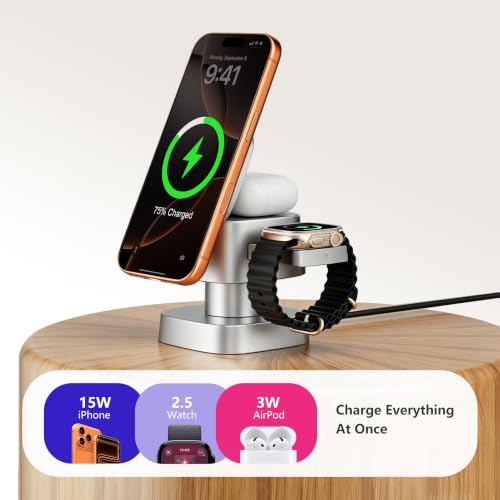 4 in 1 Charging Station for Apple Devices, 3 in 1 Wireless Charger Stand with Night Light for iPhone 17/16/15/14/13/12 Pro Max, Watch AirPods, 15W MagSafe Magnetic Charging for Bedroom Office - color: Titanium‑Gray
