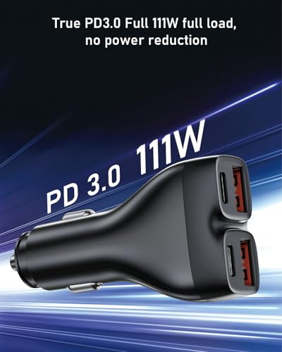 Car Phone Charger 111W USB-C, 4-Port Independent Output PD3.1 30W/QC22.5W Super Fast Car Charger, Dual USB-C & Dual USB-A Cigarette Lighter Fast Charger for iPhone/Samsung Ultra/iPad/MacBook Air