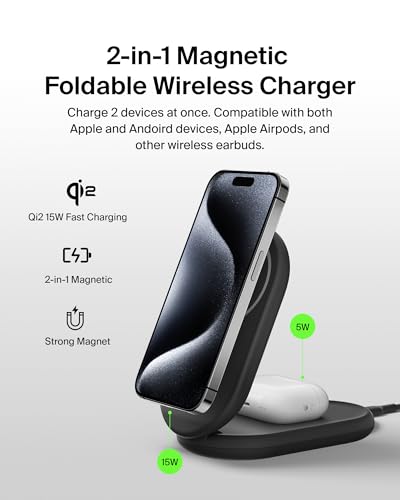 Belkin Qi2 15W Magnetic Wireless Charger, 2 in 1 Foldable, Non-Slip - color: Black
