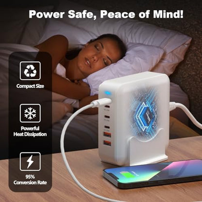USB C Fast Charger Block, 120W 6-Port Charging Station GaN Hub Adapter, USB C Wall Multi Charger Power Strip Plug with On/Off Switch for iPad iPhone 17 16 15 14 13 12 Pro Max Galaxy S23 (White) - color: White