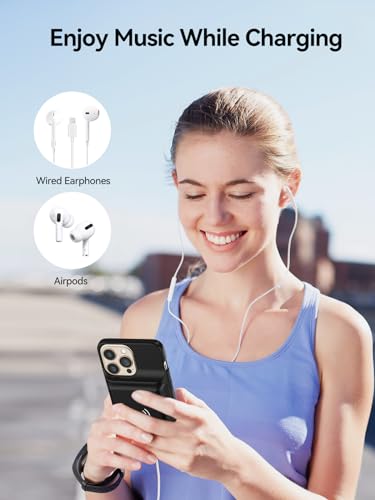 NEWDERY Battery Case for iPhone 14 Pro/14/13/13 Pro, 10000mAh Charger Case | Qi Wireless Charging & Wired Earphone & Sync-Data Supported, Portable Extended Battery Pack with Led Indicators