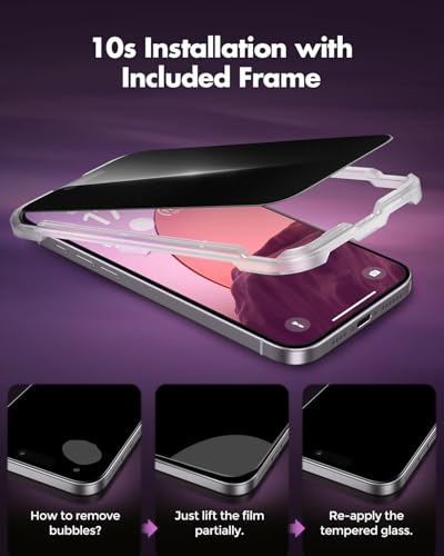 UNBREAKcable Privacy Screen Protector for iPhone 16, Full Coverage Shatterproof Tempered Glass [True 28°Anti Spy] [9H Hardness] [Easy Installation Frame] 2-Pack Private Screen for iPhone 16 - size: iPhone 15/iPhone 16