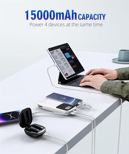 Portable Charger Power Bank, 15000mAh Portable Charger Fast Charging Lightweight, Built-in AC Wall Plug and 2 Output Cables with LED Display for iPhone Samsung iPad etc