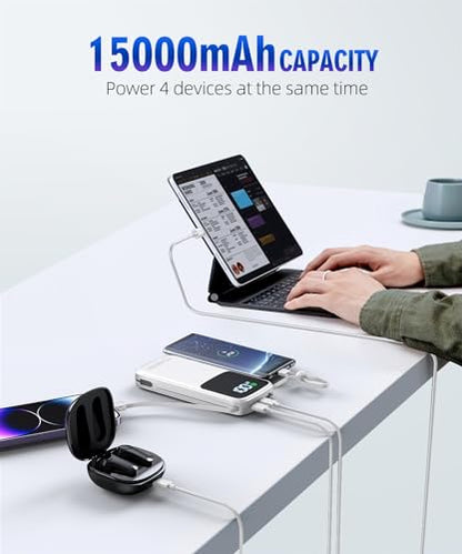Portable Charger Power Bank, 15000mAh Portable Charger Fast Charging Lightweight, Built-in AC Wall Plug and 2 Output Cables with LED Display for iPhone Samsung iPad etc