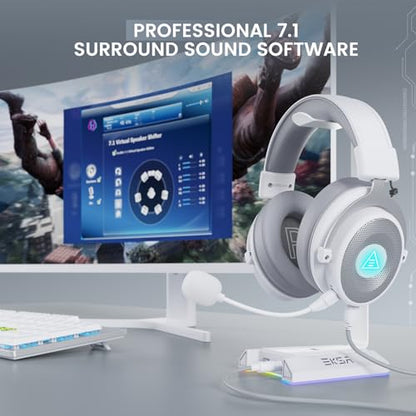 EKSA USB Gaming Headset for PC, Computer Headphones with Detachable Noise Cancelling Microphone, 7.1 Surround Sound, 50MM Driver, Wired Headset with Mic for PS4/PS5, Xbox One, Laptop, Work - color: Wired White