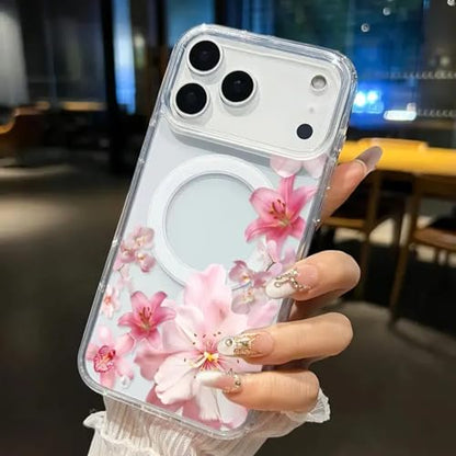 Blush Floral Cascade Magnetic Phone Case for iPhone 11-17 Series, Anti-Yellowing Shockproof, Ultra-Thin Transparent Cover, Elegant Gift (Clear, iPhone 17 Pro) - color: Clear
