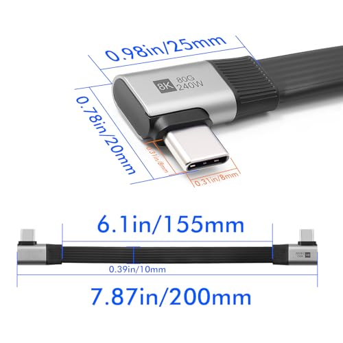 Duttek 80Gbps Right Angle USB C Cable 7.87inch/20cm, 240W PD/8K@Hz, Short USB C to USB C Cable, Type C Male to Male Flat Cable for Steam Deck, Laptop, Car, Desk Setup - style: Side Angle to Side Angle 90 Degree USB C Cable