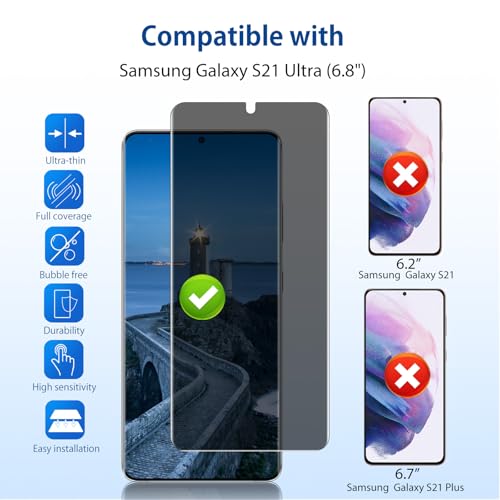 for Samsung Galaxy S21 Ultra Privacy Screen Protector, Anti-Spy Flexible TPU Film for S21 Ultra [2 Packs], Support Fingerprint Unlock, Positioning Tool, Full Coverage, Case Friendly, Self-healing, Compatible with S21 Ultra 5G (6.8 Inch) - size: Samsung Ga