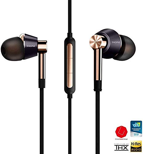 1MORE Triple Driver in-Ear Earphones Hi-Res Headphones with High Resolution, Bass Driven Sound, MEMS Mic, in-Line Remote, High Fidelity for Smartphones/PC/Tablet - Gold - color: Gold