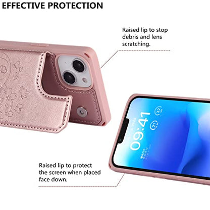 iCoverCase Compatible with iPhone 14 Wallet Phone Case with Card Holder for Women, RFID Blocking Embossed PU Leather Wrist Strap Case 6.1 Inch (Heart Rose Gold) - color: H-Rose Gold