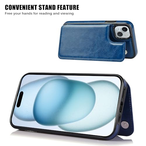 Wallet Case Compatible with iPhone 15,Slim Protective case with Card Holder,Premium PU Leather Kickstand Card Slots Case with 1 Screen Protective Glass for iPhone 15 (6.1")-Deep Blue - color: Deep Blue