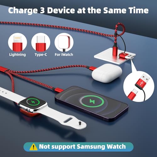 Travel Essentials 3in2 Multi Charging Cable for Apple Watch Charger,2PC 5FT - color: Red, size: AC to C+L+iWatch