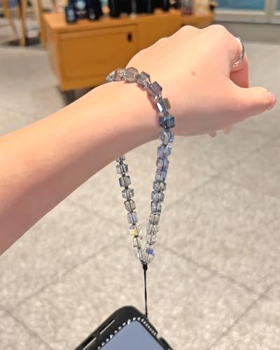 Crystal & Pearl Phone Charm Wrist Strap, Beaded Lanyard Wristlet Chain, Hands-Free Bracelet Strap for Phone Cases - color: Cube-blue