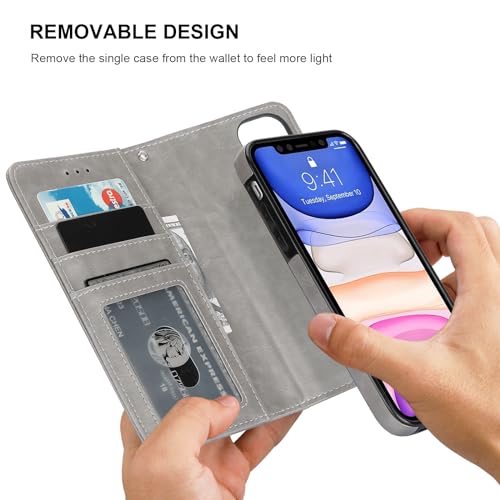 Bocasal Detachable Wallet Case Card Holder for iPhone 11, Grey | Kickstand Card Slots Holder PU Leather Magnetic Shockproof Wrist Strap Removable Flip Protective Cover 6.1 inch - color: Gray
