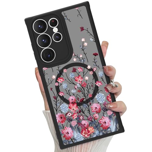 Magnetic for Samsung Galaxy S23 Ultra Case,Red Floral Flower | Compatible with MagSafe,Cute Fashion Translucent Matte Hard Back Shockproof Anti-Scratch Phone Case - color: Red, size: Samsung Galaxy S23 Ultra