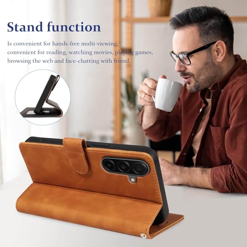 Wallet Case for Samsung Galaxy A17, RFID Blocking (Brown) | 4 card slots with ID window, cash pocket, wrist strap, stand function, magnetic closure, flip PU leather, TPU inner shell - color: Brown