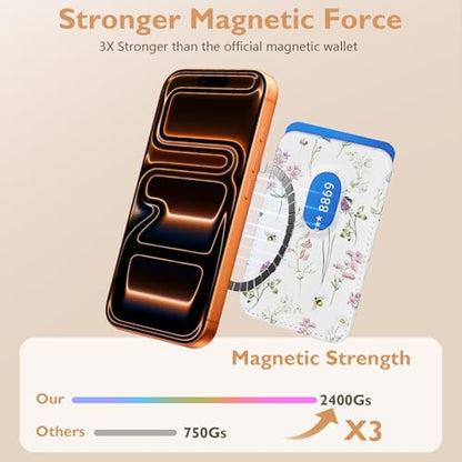 Compatible with Magsafe Wallet Magnetic Card Holder - Flowers Phone Wallets for Women Teen Girls Cute for iPhone 17/16/15/14/13/12 Series Slim for Apple Mag RFID Magnet,Fit 3 Cards - color: Flowers