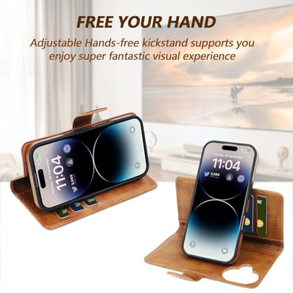2 in 1 PU Leather for iPhone 16 Leather Case, Detachable Wallet Case with Card Holder, Removable Flip Folio Cover with RFID Blocking, Stand Shockproof Phone Cover（Compatible with MagSafe） Brown - color: Brown, size: Iphone 16