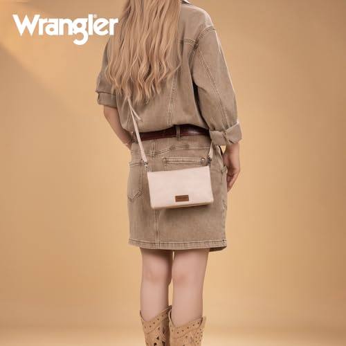 Wrangler White Wallet Purse Womens Wristlet Wallet Spring Bag RFID Blocking Bifold Clutch Small Cute Purse with Crossbody Strap - color: B-beige