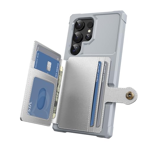 for Samsung Galaxy S21 Ultra 6.8" Case with Card Holder, Compatible with Magnetic Car Mount, Heavy Duty Shockproof Rugged Soft TPU Back Leather Flip Wallet Phone Cover, Silver - color: Silver, size: Samsung Galaxy S21 Ultra