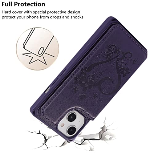 iCoverCase Compatible with iPhone 14 Wallet Phone Case with Card Holder for Women, RFID Blocking Embossed PU Leather Wrist Strap Case 6.1 Inch (Heart Dark Purple) - color: H-Dark Purple