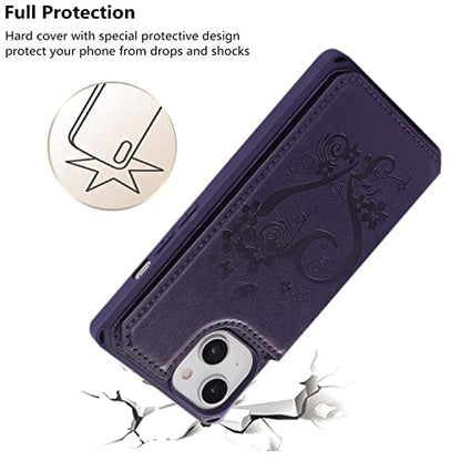 iCoverCase Compatible with iPhone 14 Wallet Phone Case with Card Holder for Women, RFID Blocking Embossed PU Leather Wrist Strap Case 6.1 Inch (Heart Dark Purple) - color: H-Dark Purple
