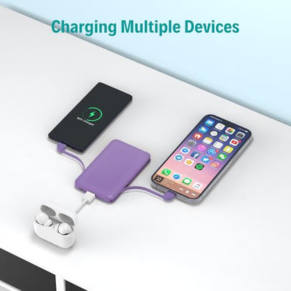 Sethruki Smallest Portable Charger with Built-in Cables 5000mAh,Ultra Slim Power Bank,Mini High Speed External Battery Packs,Lightweight USB C Phone Charger for iPhone Samsung Google Android (Purple) - color: purple